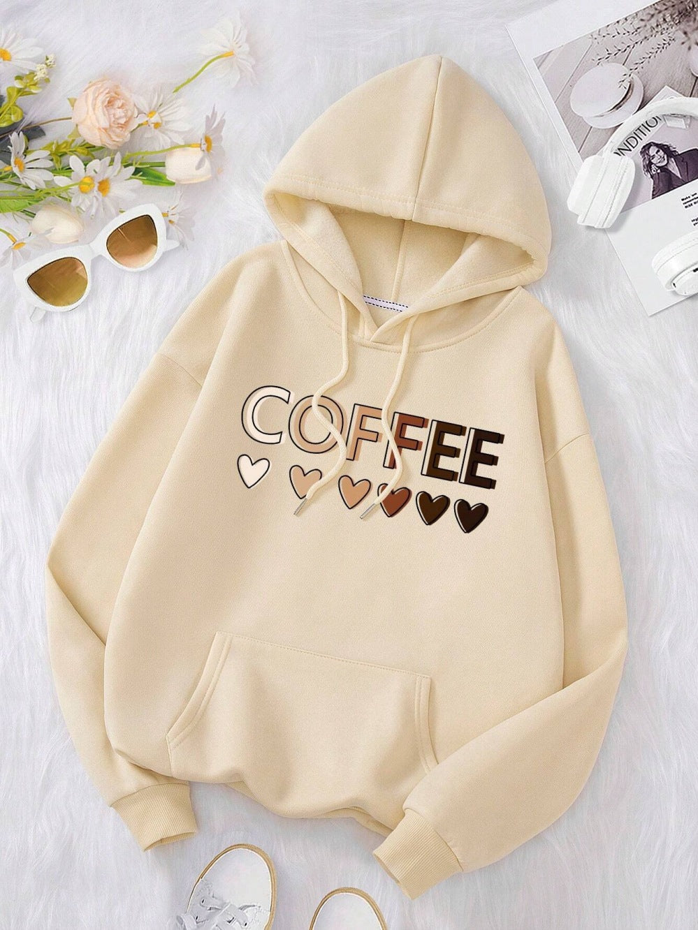 Casual Hooded Sweatshirt With Coffee-themed Lettering Print