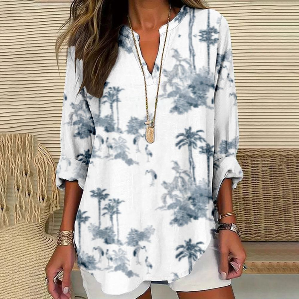 Womens Fashion Floral Print V-Neck Long-Sleeve T-Shirt