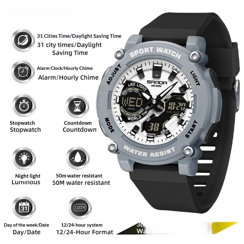 Students Dual-display Luminous Chronograph Watch For Hiking