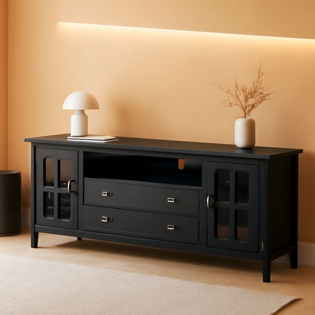 72 Inch Solid Wood TV Stand In Black For 80 Inch TVs