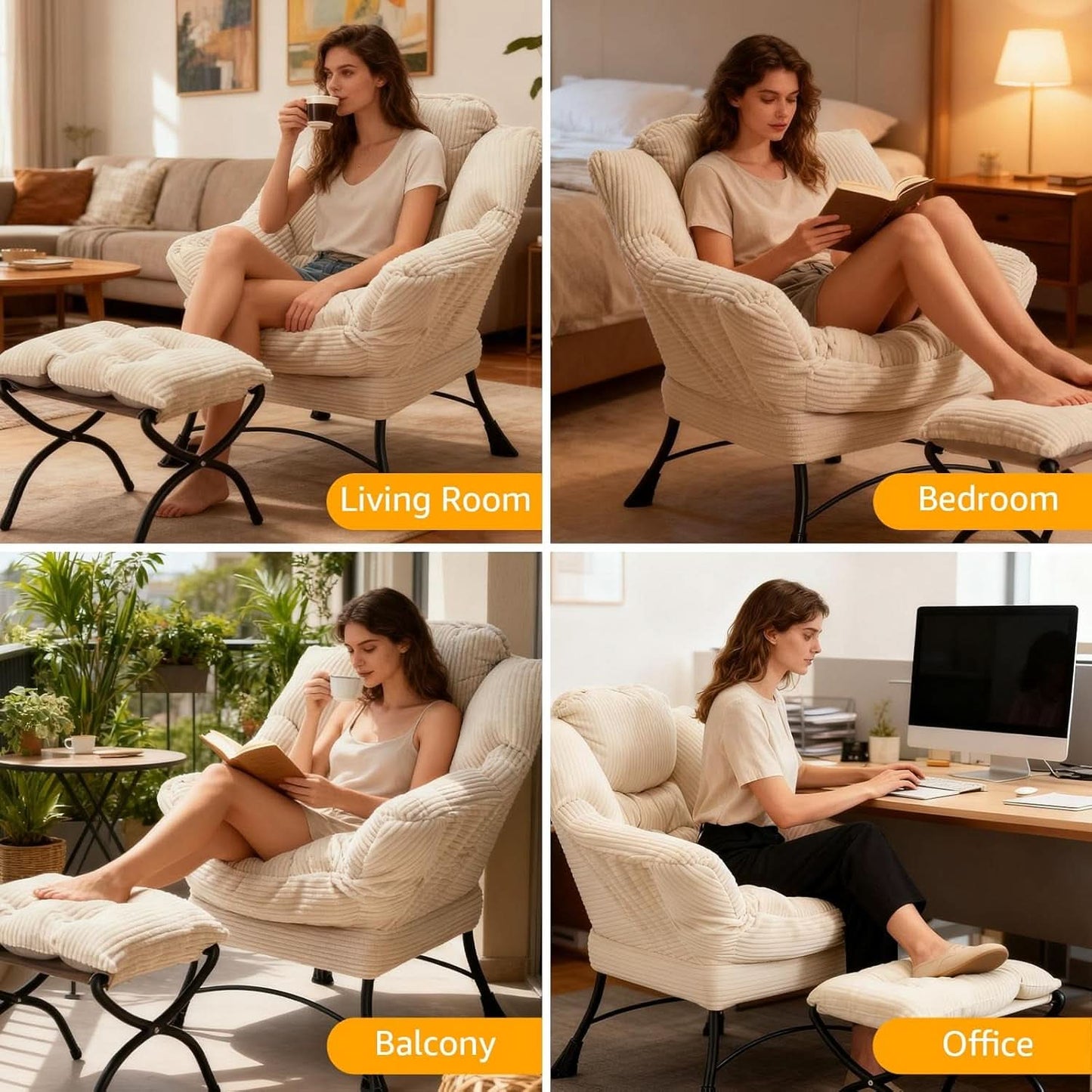 Oversized White Corduroy Reading Chair With Ottoman