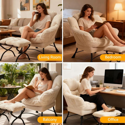 Oversized White Corduroy Reading Chair With Ottoman
