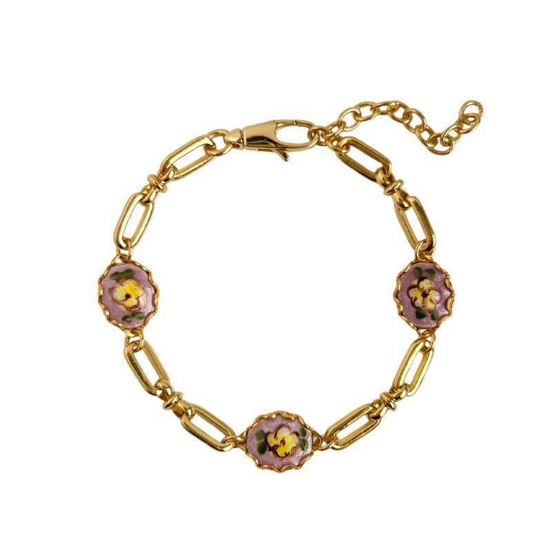 French Retro Oil-Painting-Style Floral Pendant Bracelet