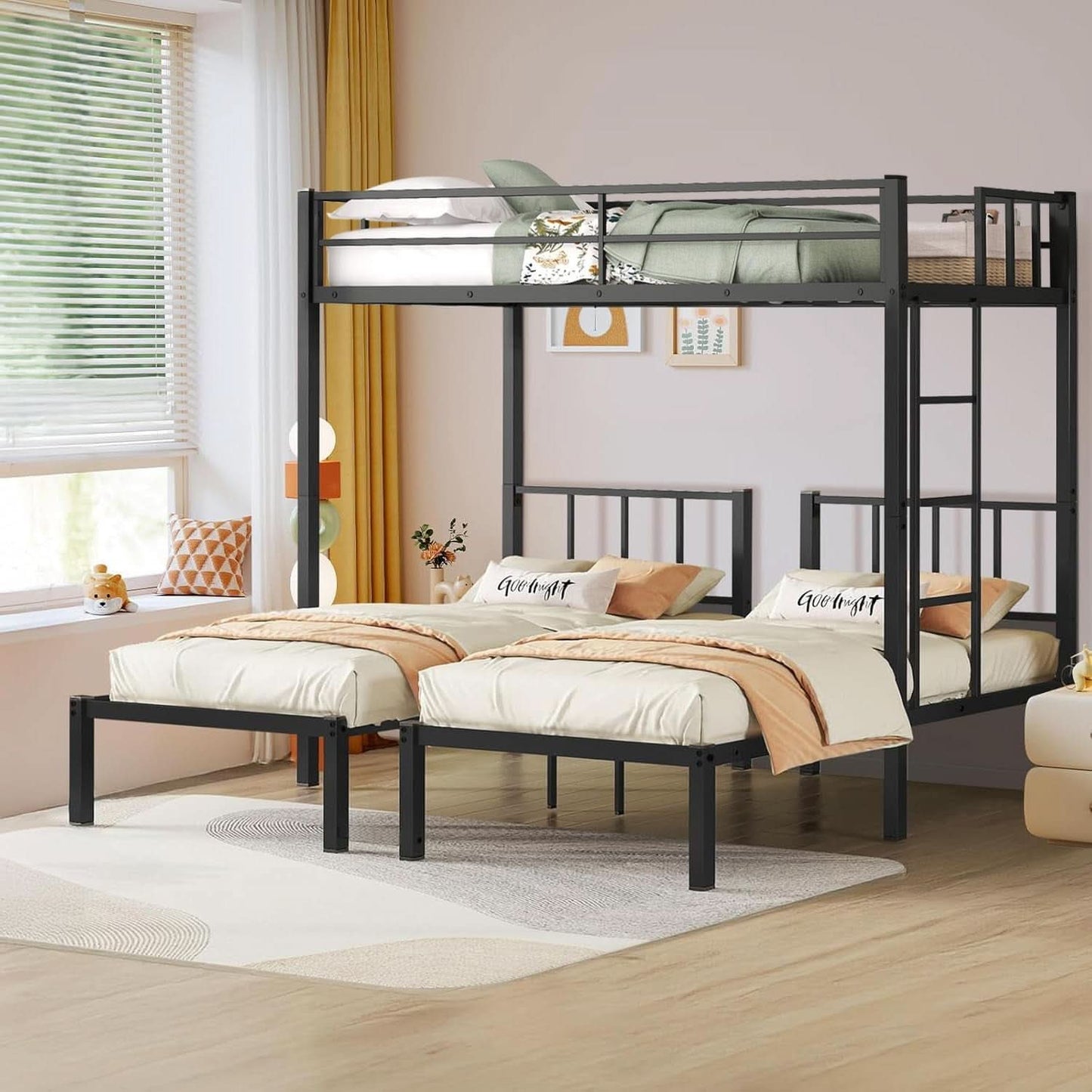 Triple Bunk Bed For 3 With Guardrails And Integrated Ladder