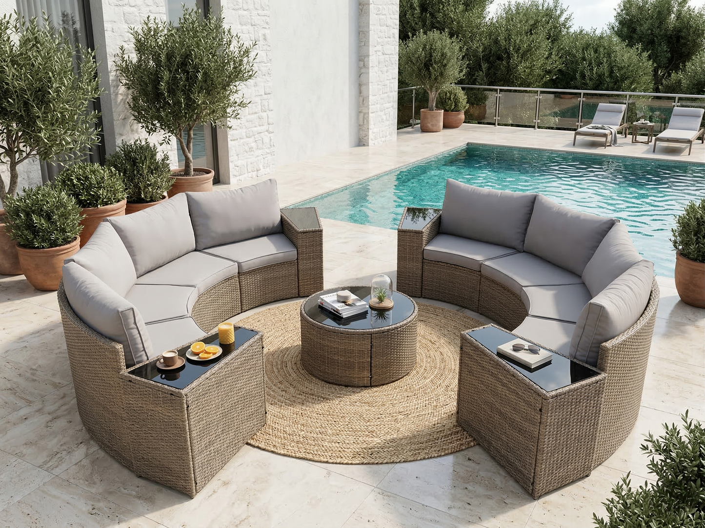 Outdoor Sectional Set PE Rattan Steel Light Gray 13pc