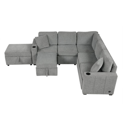 84" Sectional Sofa Convertible Pull-Out USB Gray