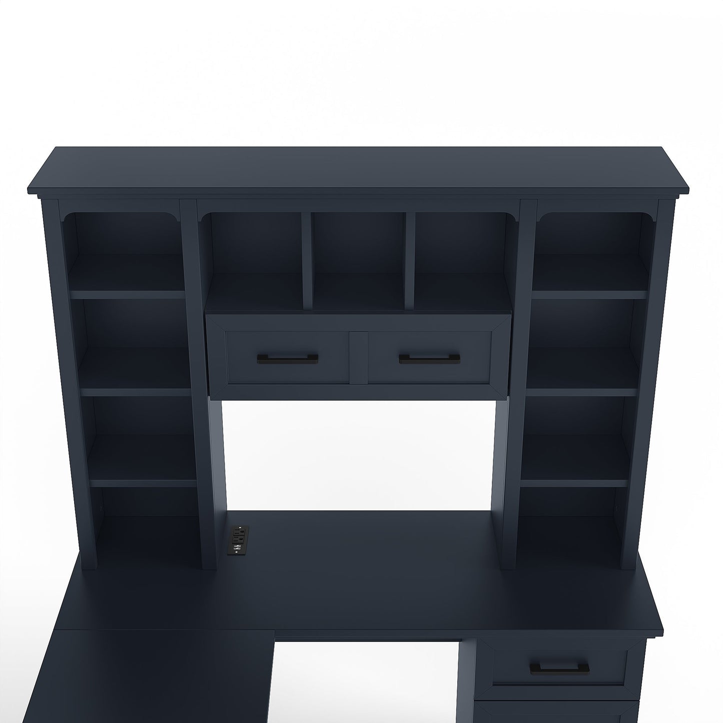L-Shaped Computer Desk with 2 Cabinets and 2 Drawers, 11 Open Shelves and 1 R...