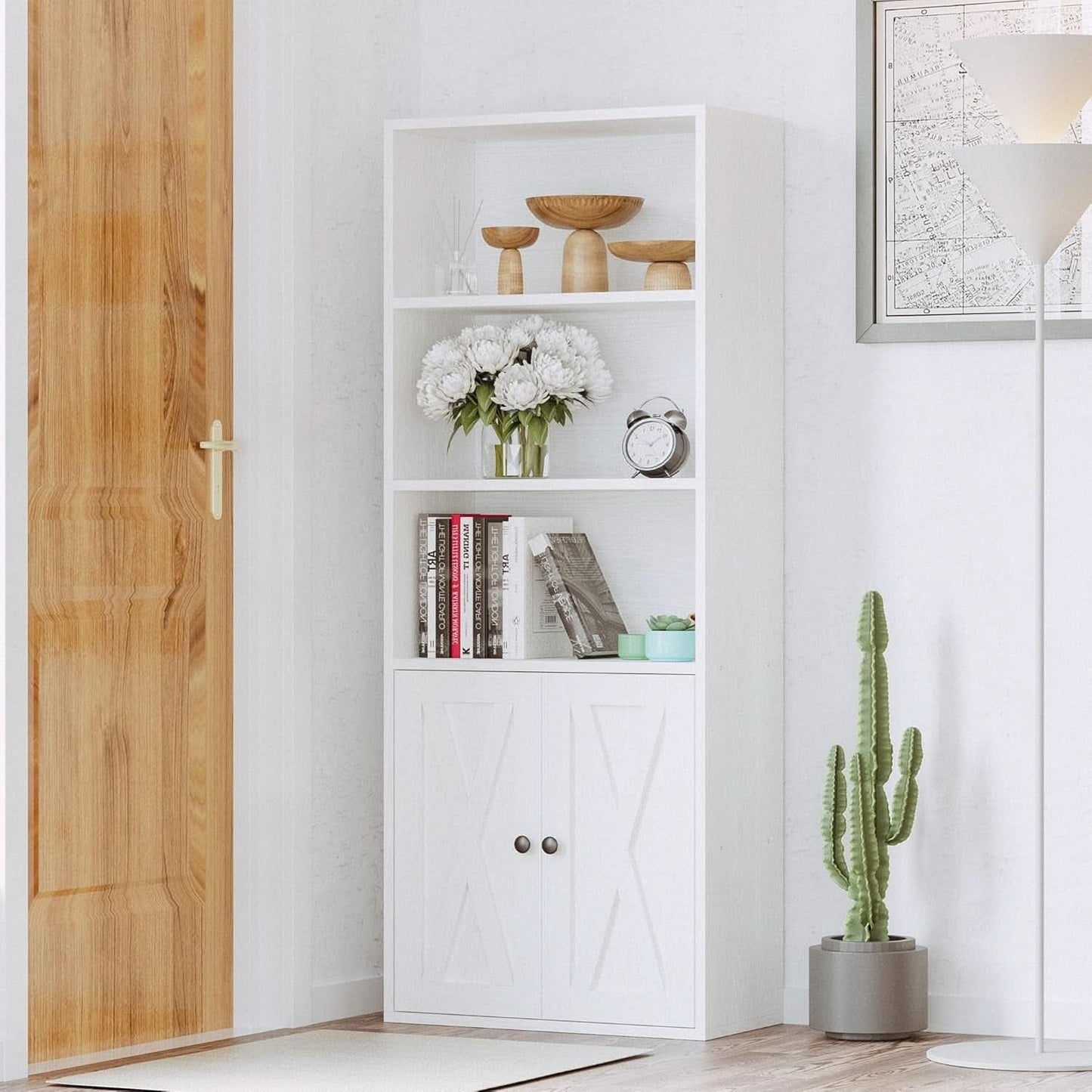 Industrial Bookshelf With Doors 11.8 Depth 5 Shelf Bookcase