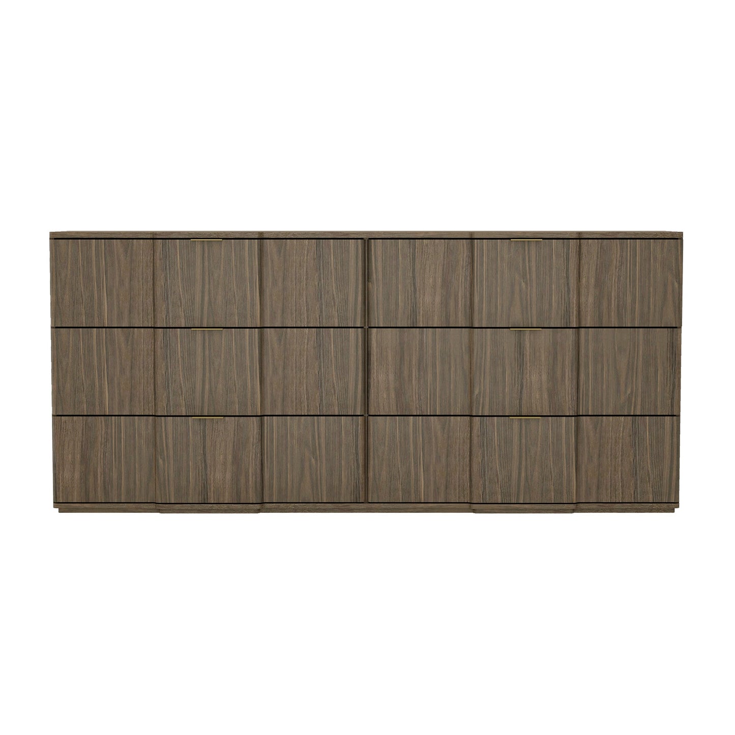 Dresser Modern 6-Drawer Walnut Gold MDF Sculpted Fronts Metal Handles 72 In
