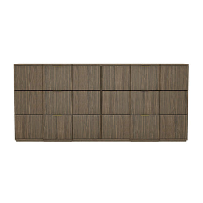 Dresser Modern 6-Drawer Walnut Gold MDF Sculpted Fronts Metal Handles 72 In