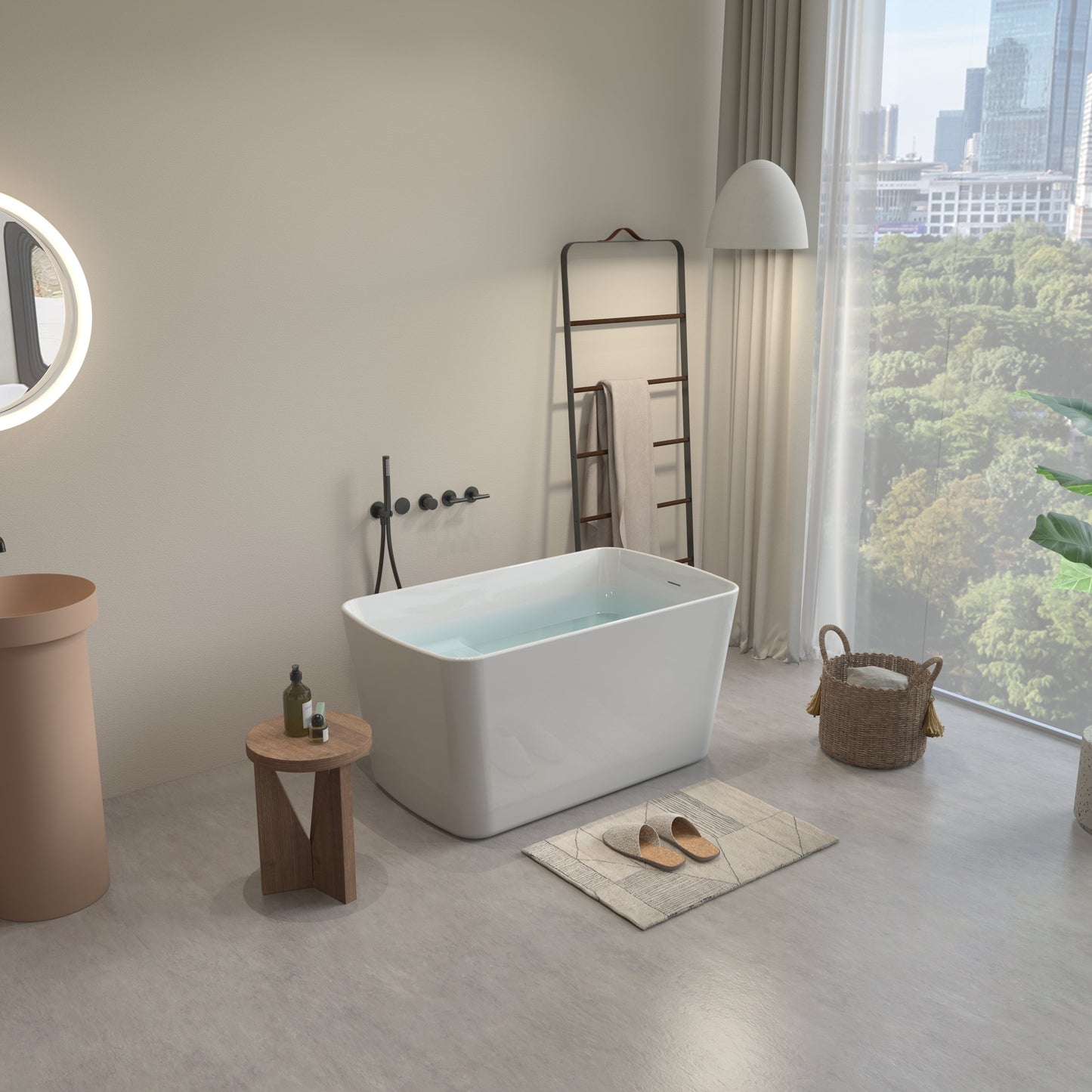 49in Acrylic Freestanding Soaking Bathtub, Square Japanese Sit-In, Chrome Drain
