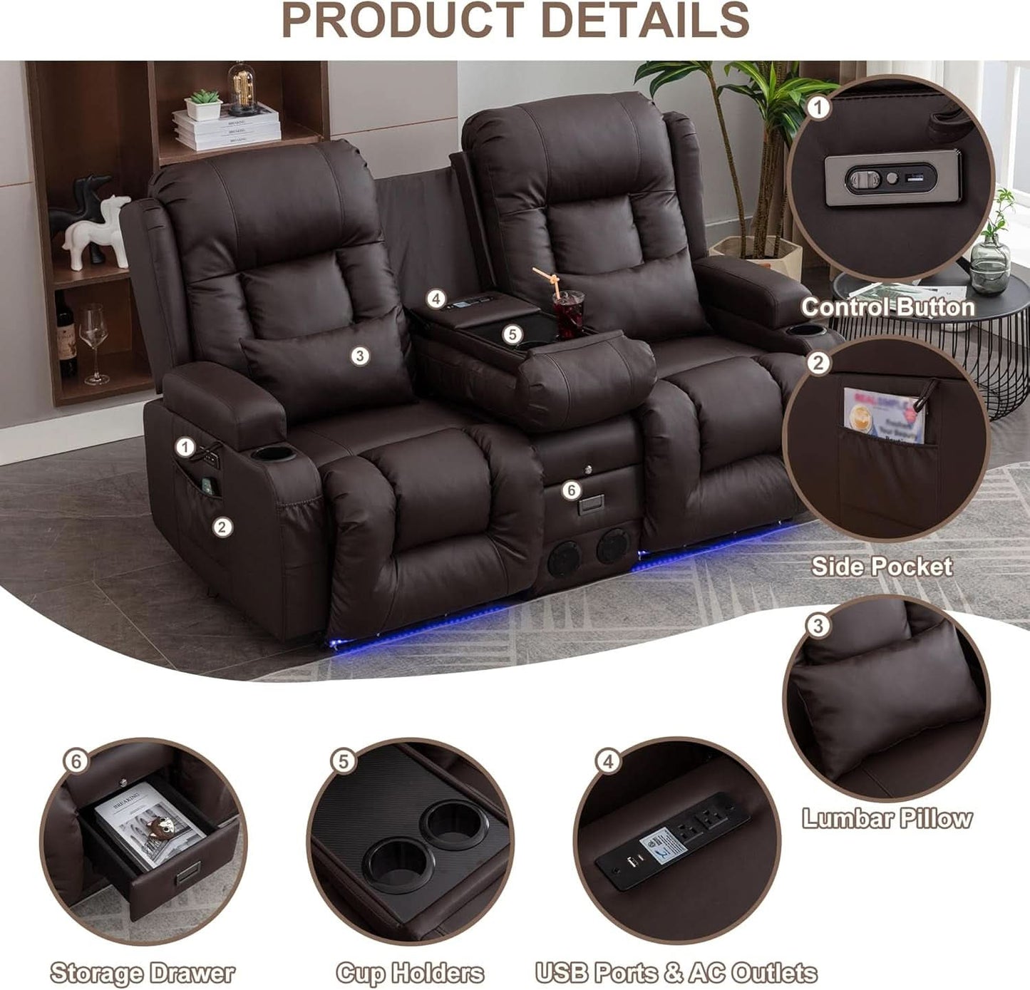Power Loveseat Recliner Sofa With Massage And Heat Brown