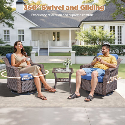 Outdoor Patio Wicker Swivel Rocker 3 Piece Set Blue