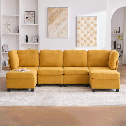 Sectional Sofa U-Shape 6 Seat Mustard Yellow Storage Ottoman