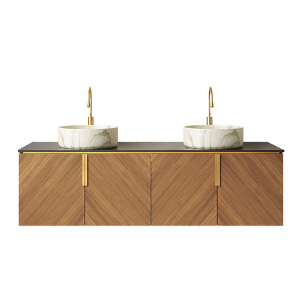 60' Bathroom Vanity with Sinks, Floating Plywood Cabinet 4 Doors Black Sintered Stone