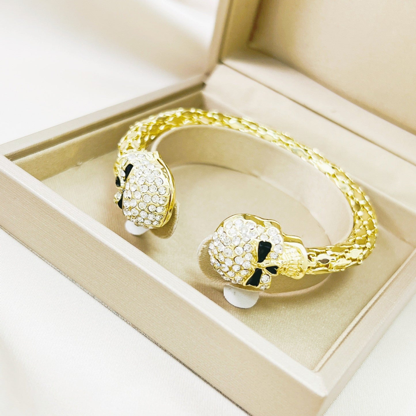 Shimmering Light-luxury Golden Skull Open Bangle Studded With Diamonds