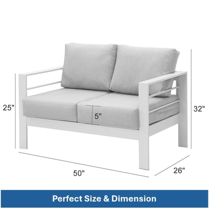 Outdoor Loveseat Aluminum White Gray Cushion 50in 600 lb Capacity