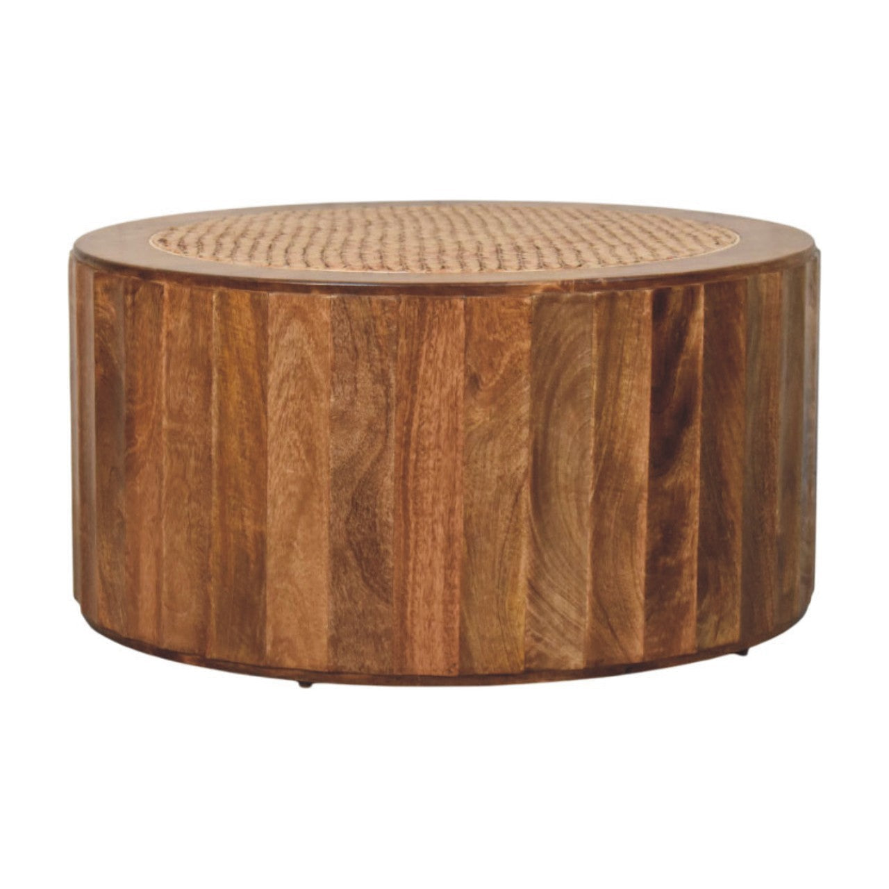 Artisan Solid Mango Wood Rivera Rattan Round Coffee Table, Brown