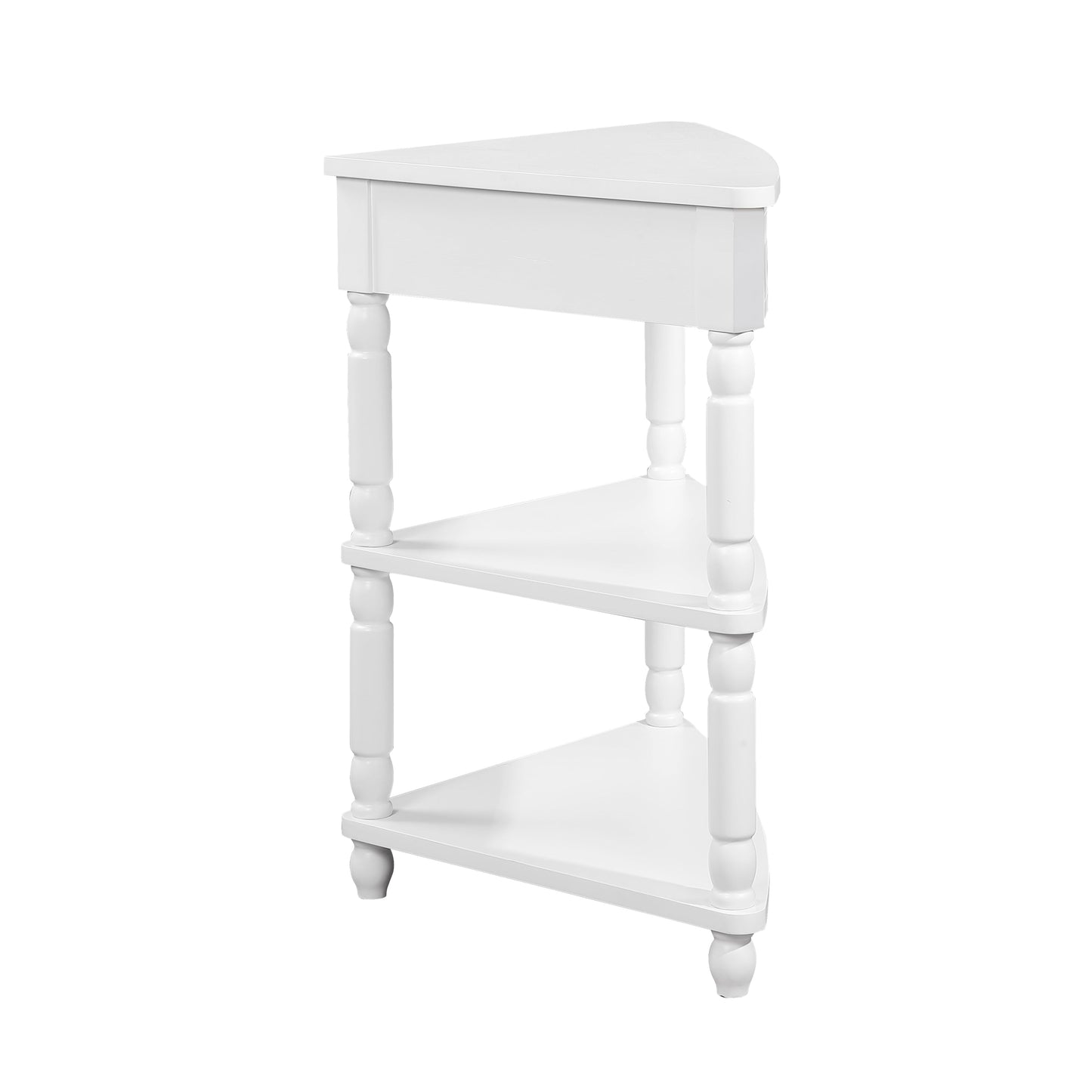 33.8 in Triangle Corner Table, 3-Tier Solid Wood Legs, Small Spaces, Milk White