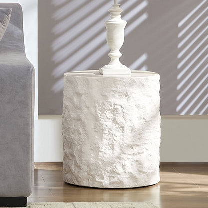 15.75 in Round Fiberglass Side Table, Imitation Stone Design, No Assembly, Beige
