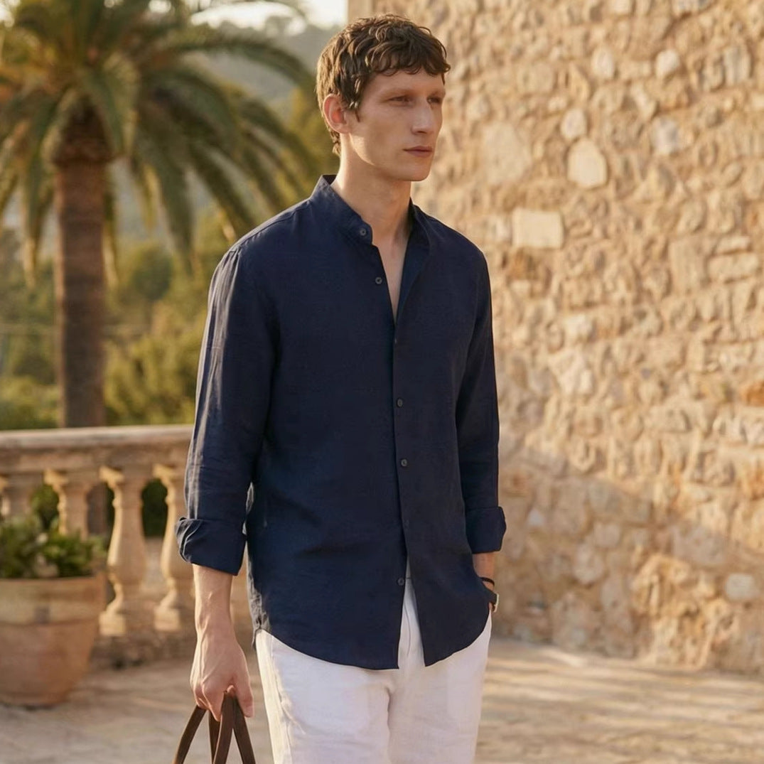 Mens Solid Color Loose Fit Casual Linen Shirt Top