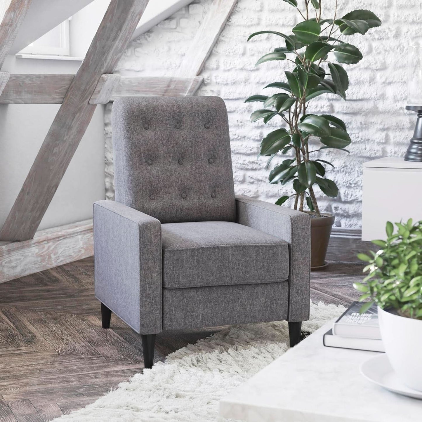 Ezra Pushback Recliner Gray Fabric Mid Century Modern