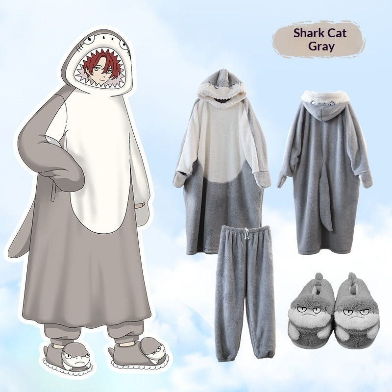 Anime Cartoon Funny Shark And Cat Onesie Pajamas Cute Cozy Loungewear Set