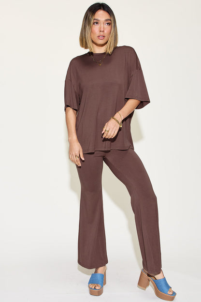 Comfy Bamboo Drop Shoulder Tee & Flare Pants Set