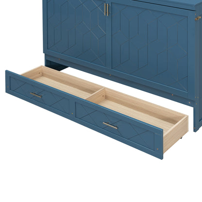 Queen Size Murphy Bed Wall Bed with Drawer and Sockets and USB Ports, Navy Blue