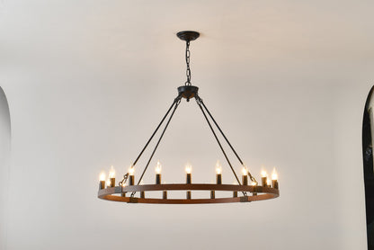 Chandelier Wood Wagon Wheel 20-Light Farmhouse Matte Black 39.3 In