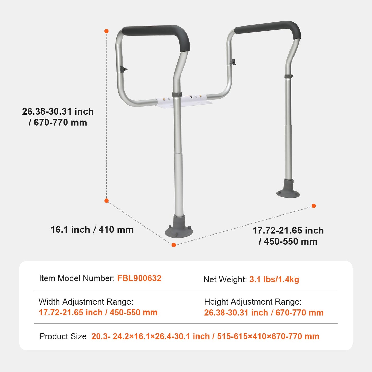 Toilet Safety Rail Frame Aluminum 300 LB Adjustable Width Height Padded Arms
