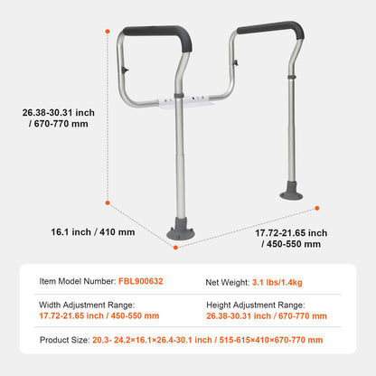 Toilet Safety Rail Frame Aluminum 300 LB Adjustable Width Height Padded Arms