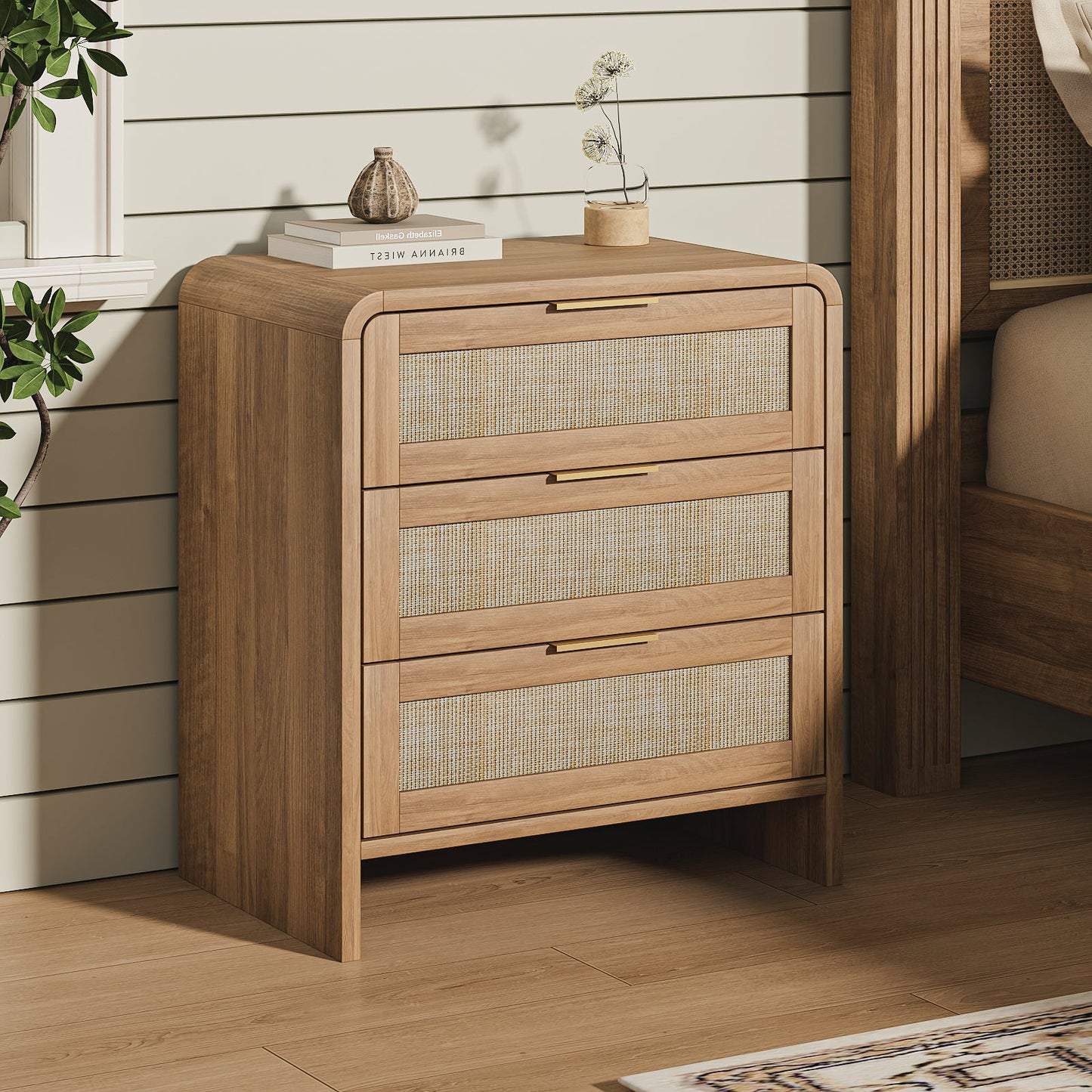 Rattan Nightstand with 3 Drawers, 22.8 in Wide, Curved Wood, Caramel Oak