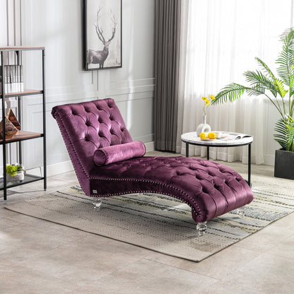 Velvet Chaise Lounge Indoor, Button-Tufted with Pillow, Purple, Bedroom