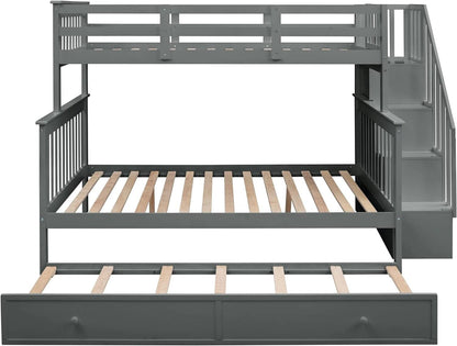 Twin Over Full Bunk Bed With Trundle Storage Shelves Grey