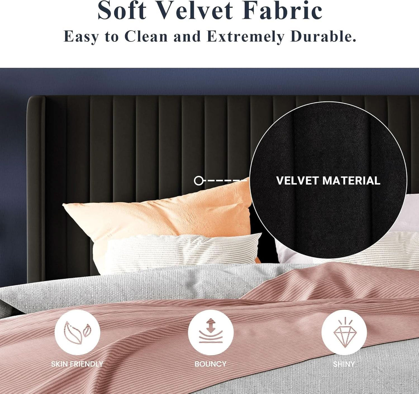 Queen Size Velvet Bed Frame With Wingback Headboard Storage