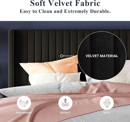Queen Size Velvet Bed Frame With Wingback Headboard Storage