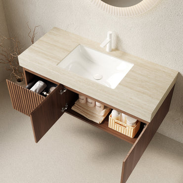 48' Floating Bathroom Vanity with Travertine Sintered Stone Top and Ceramic Basin