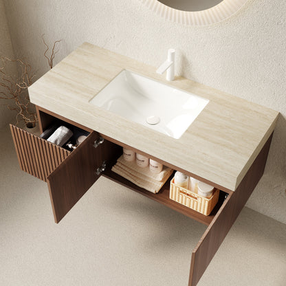 48' Floating Bathroom Vanity with Travertine Sintered Stone Top and Ceramic Basin