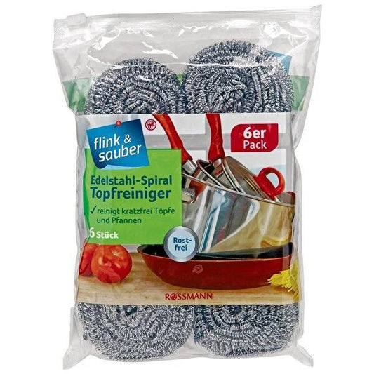 Flink & Sauber Non-Scratch Stainless Steel Scouring Pads - 6 Pack | Heavy Duty Kitchen Cleaning for Pots, Pans & Cookware