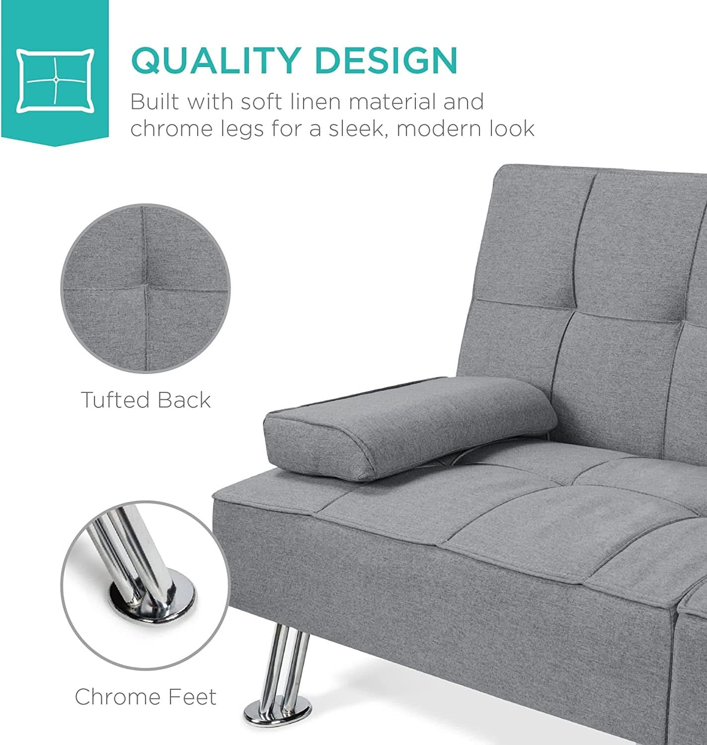 Gray Linen Modern Folding Futon Sofa Bed With Armrests