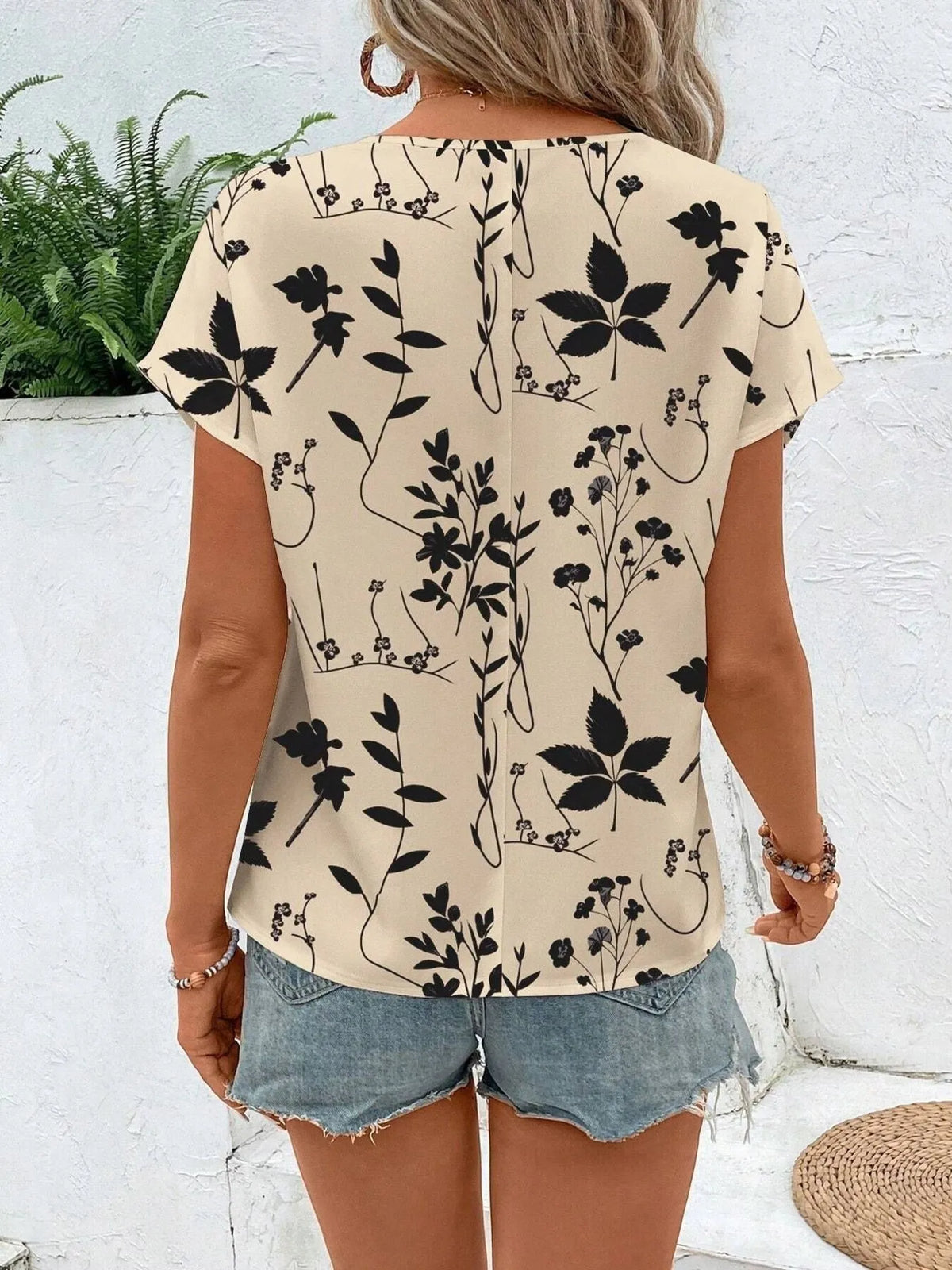 Printed Round Neck Short Sleeve Blouse