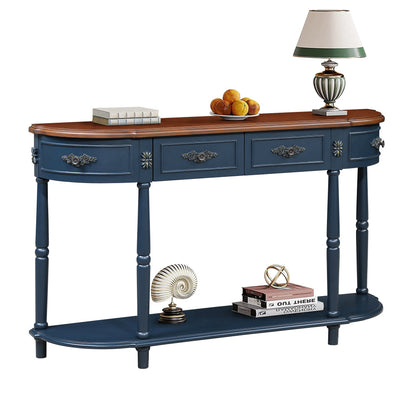 Retro Half-Moon Console Table with 2 Drawers & Open Shelf | 52" Curved Solid Wood Sofa Table — Navy Blue & Brown