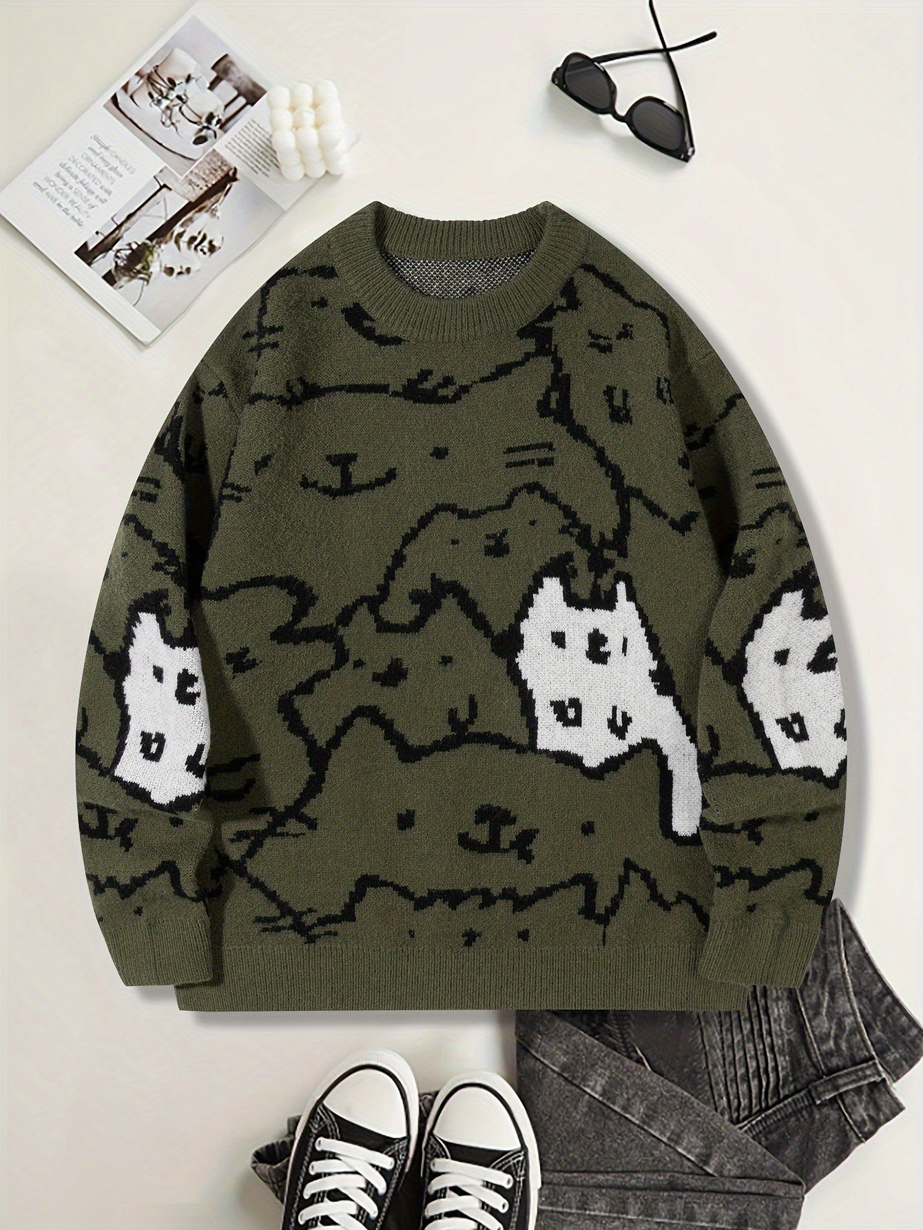 Mens Cute And Quirky Cat-print Knit Sweater