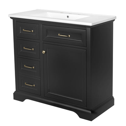 36-Inch Bathroom Vanity with Ceramic Sink Top, 4 Drawers and 1 Soft-Close Door
