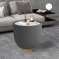 Round Sintered Stone Sofa End Table, Leather Edge, Metal Base, Living Room