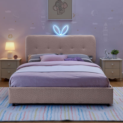 Upholstered Bed With Oversized Rabbit Ear Headboard, LED Lights & 4 Storage Drawers