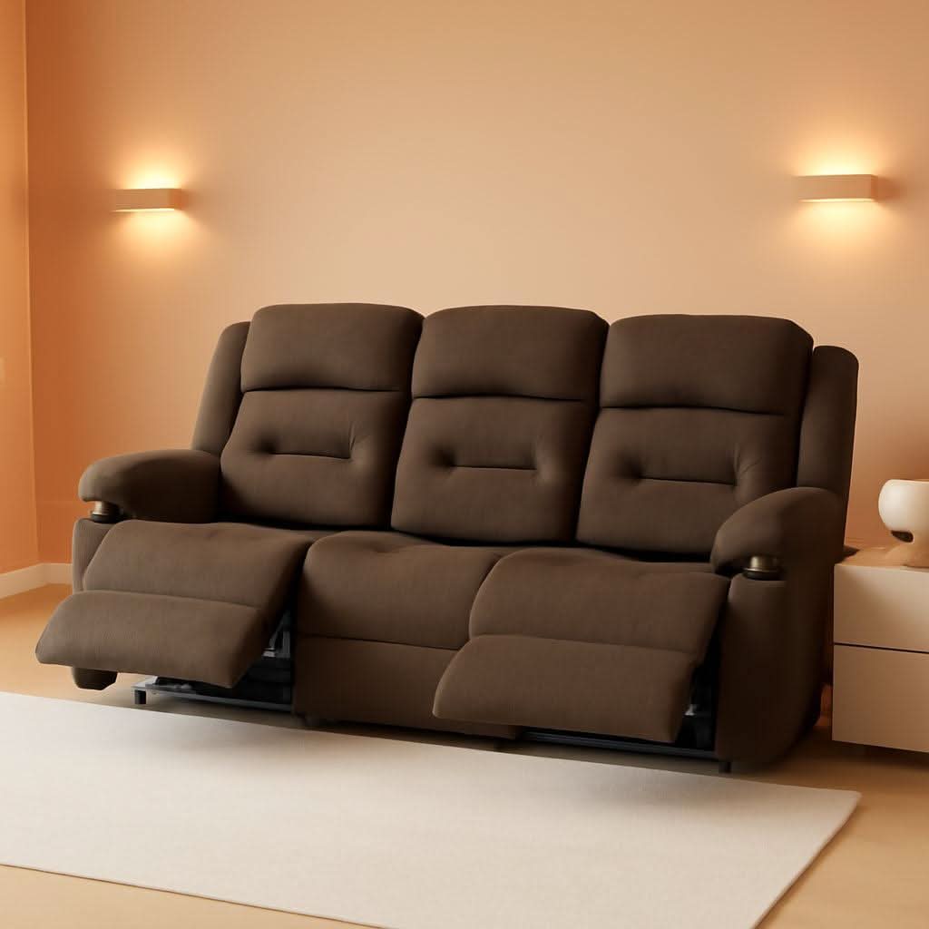 Brown Fabric Recliner Sofa With Heated Massage USB Port