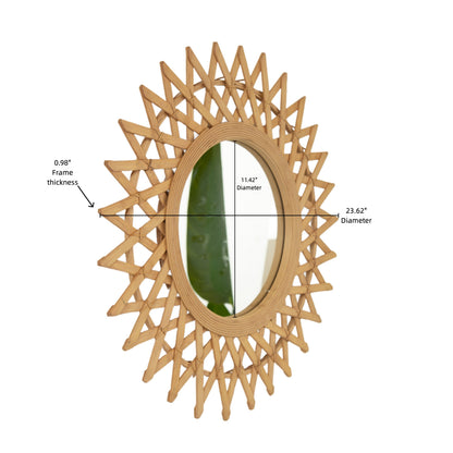 Wall Mirror Round Bamboo Hemp Rope Diamond Pattern Natural Boho 23.6 In