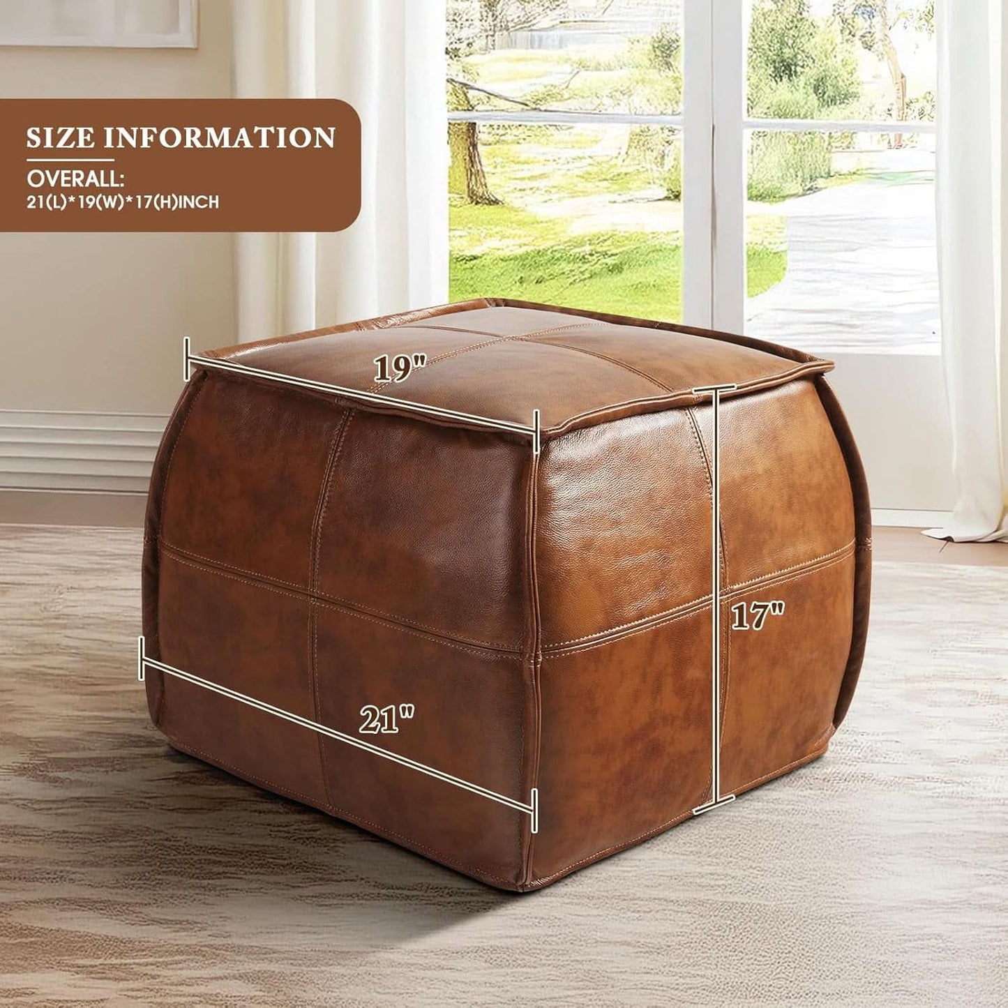 Authentic Brown Leather Ottoman Square Memory Foam